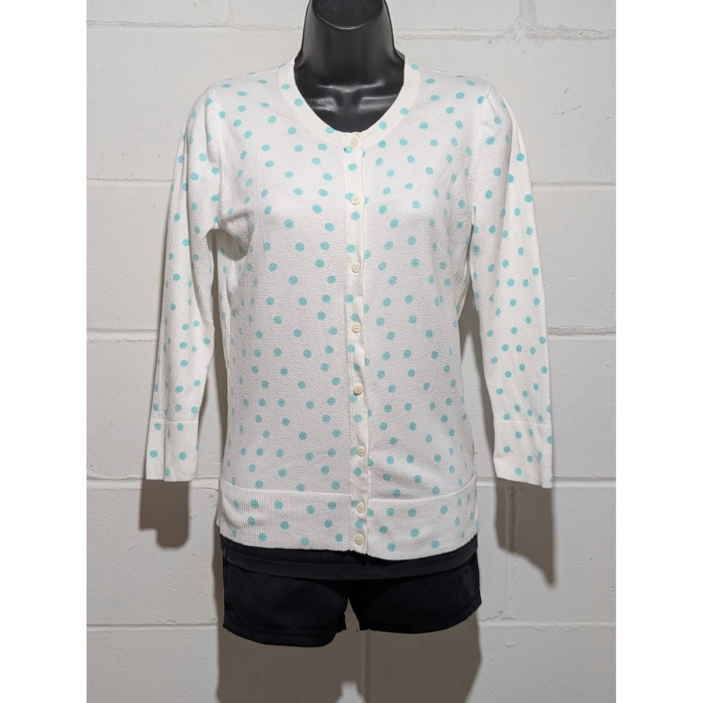Merona White Aqua Polka Dot Cardigan Sweater Womens 3/4 Sleeve Button Up Small